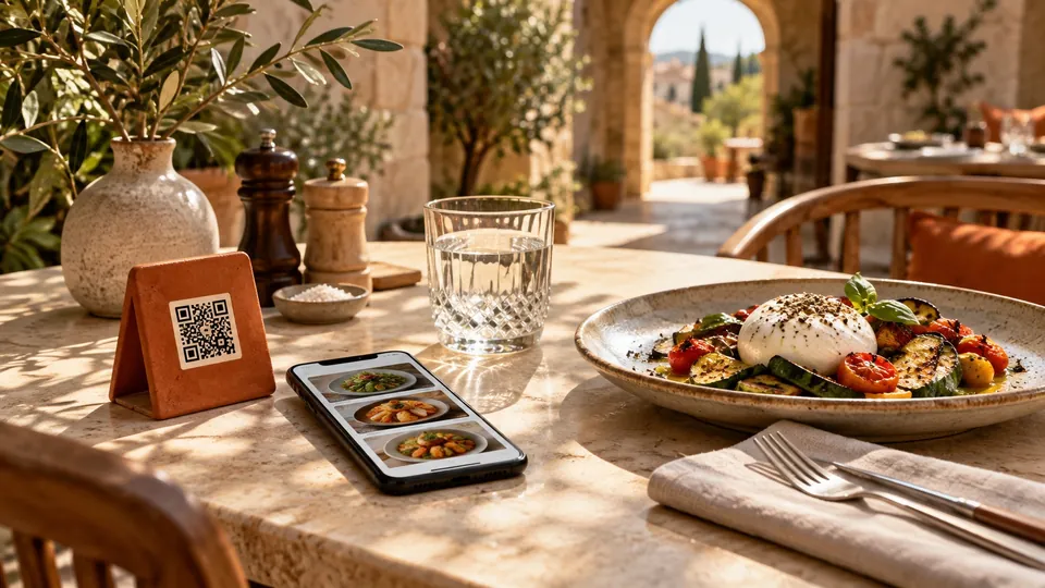 A smartphone menu and terracotta QR table marker beside a plate of vegetables and burrata in a sunlit bistro.